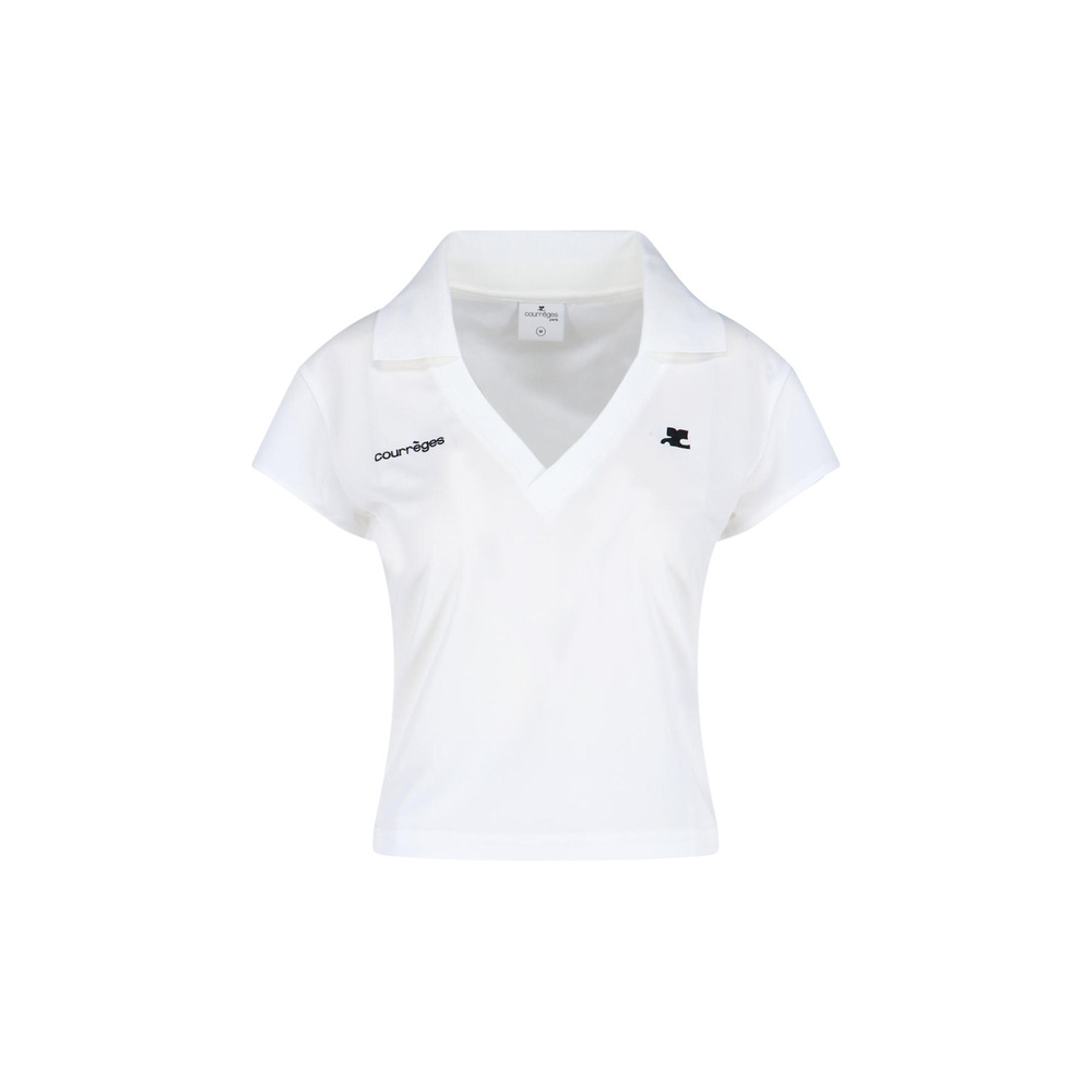 COURRÈGES Logo V-Neck Polo Shirt – White